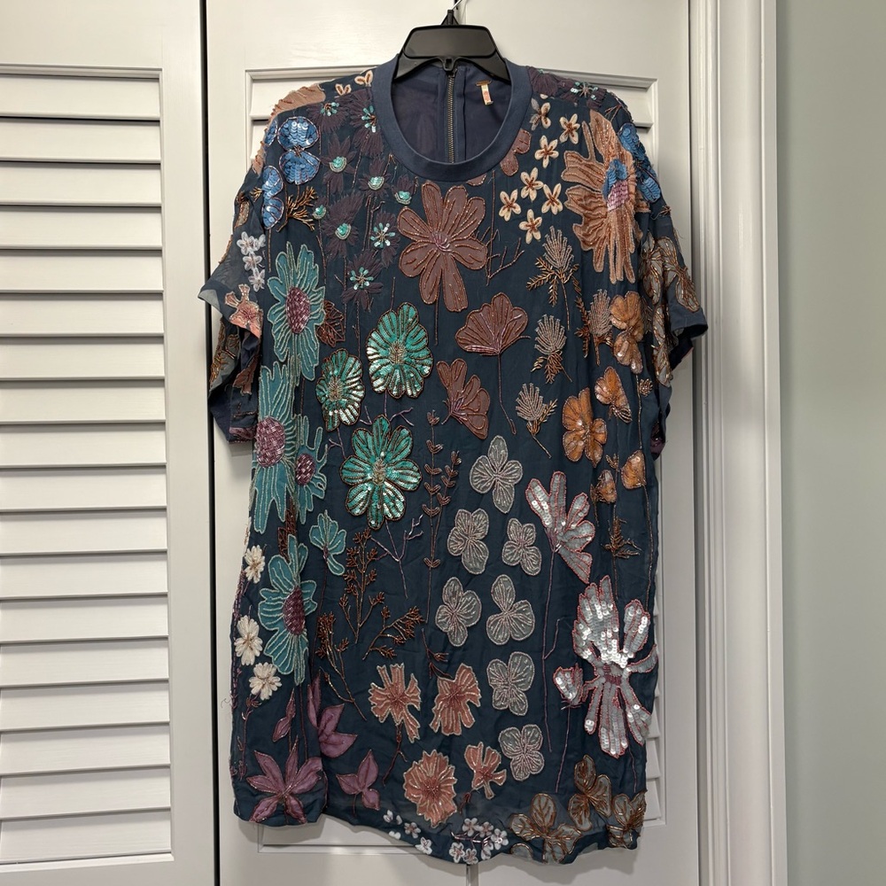 Free People Jewel Mini Dress Zenon Blue Combo Size Large Floral Beaded - Picture 4 of 13